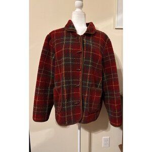 Orvis Fleece Women's Jacket Red Plaid Brown Trim Pockets Barn Chore Large